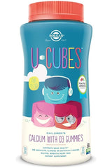 Solgar U-Cubes children's calcium with D3 gummies bottle, featuring fun characters and strawberry flavor.