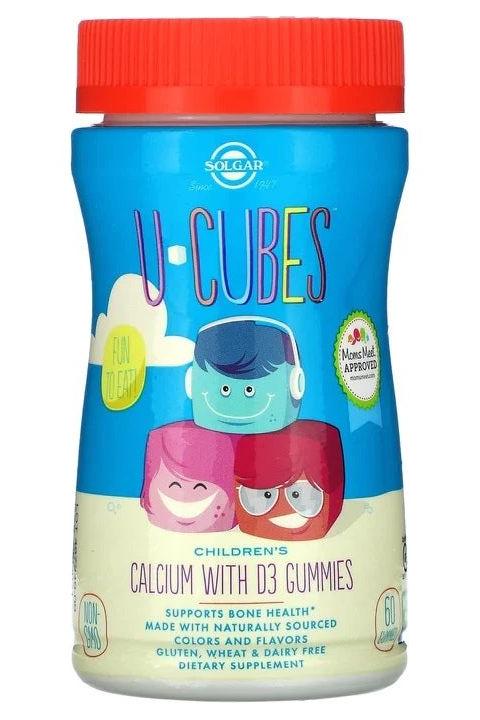 Solgar U-Cubes Calcium with D3 gummies for children, supporting bone health with a tasty strawberry flavor.