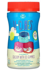 Solgar U-Cubes Calcium with D3 gummies for children, supporting bone health with a tasty strawberry flavor.