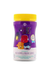 Solgar U-Cubes multi-vitamin and mineral gummies for children in a colorful bottle with smiling characters.