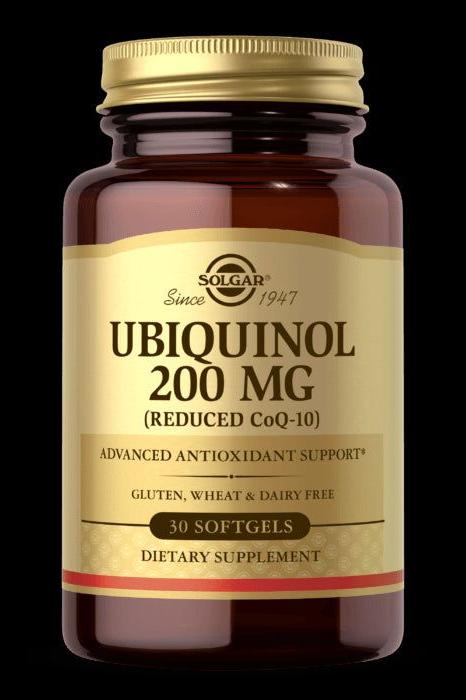Solgar Ubiquinol 200 mg dietary supplement in softgel form, offering advanced antioxidant support and heart health benefits.