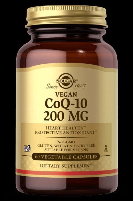 Solgar Vegan CoQ-10 200 mg bottle, dietary supplement in 60 vegetable capsules for heart health.