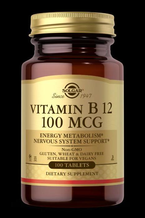 Solgar Vitamin B12 dietary supplement bottle, 100 tablets for energy metabolism and nervous system support.