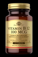 Solgar Vitamin B12 dietary supplement bottle, 100 tablets for energy metabolism and nervous system support.