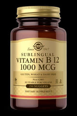 Solgar Sublingual Vitamin B12 1000 MCG, gluten-free, vegan-friendly dietary supplement in a brown bottle.
