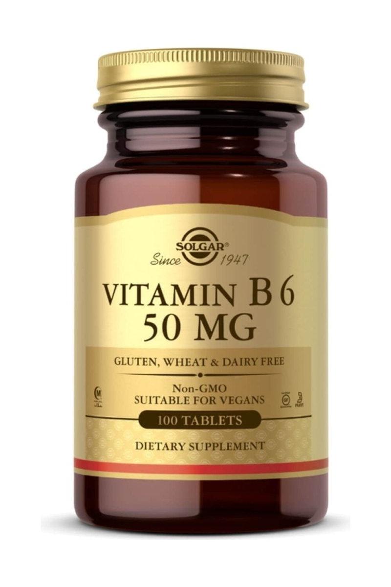 Solgar Vitamin B6 50 mg dietary supplement, 100 tablets, gluten, wheat, dairy free, vegan-friendly.