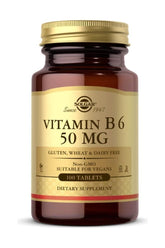 Solgar Vitamin B6 50 mg dietary supplement, 100 tablets, gluten, wheat, dairy free, vegan-friendly.