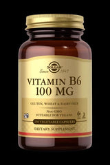 Solgar Vitamin B6 100 MG dietary supplement, 250 vegetable capsules, gluten, wheat, and dairy free.