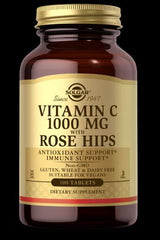 Solgar Vitamin C 1000 mg with Rose Hips dietary supplement bottle, 100 tablets, antioxidant support and immune support.