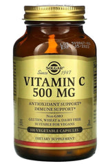 Solgar Vitamin C 500 mg dietary supplement in a glass bottle, promoting immune support and antioxidant benefits.