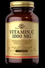 Solgar Vitamin C 1000 mg bottle, dietary supplement for immune support and antioxidant health, gluten-free and suitable for vegans.