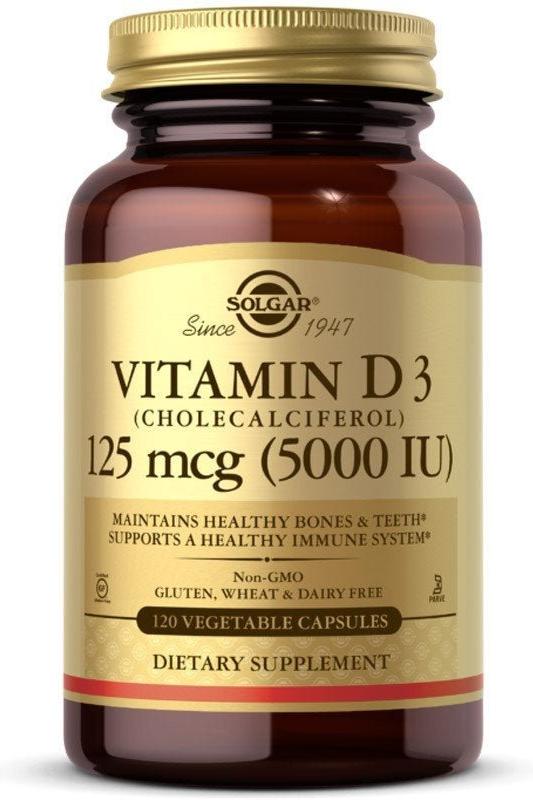 Solgar Vitamin D3 5000 IU capsules, supports bone health and immune function, 125 mcg, dietary supplement.