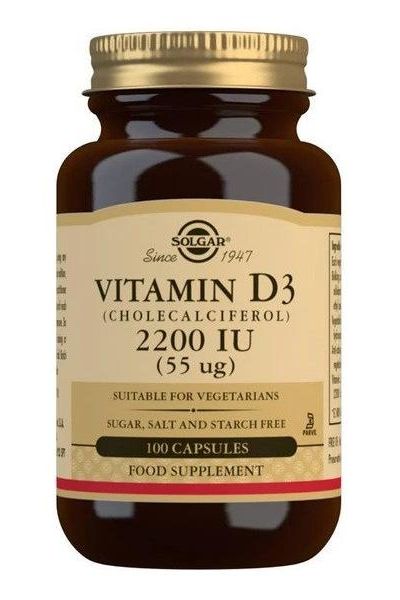 Solgar Vitamin D3 2200 IU 55 mcg vegetable capsules in a brown bottle with label detailing benefits and suitability.
