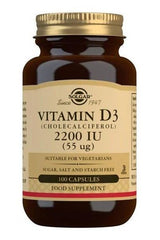 Solgar Vitamin D3 2200 IU 55 mcg vegetable capsules in a brown bottle with label detailing benefits and suitability.