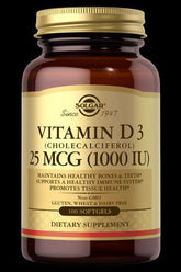 Solgar Vitamin D3 25 MCG bottle, promoting bone health, immune support, and tissue health with 100 softgels.