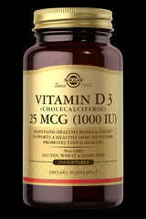 Solgar Vitamin D3 25 mcg (1000 IU) dietary supplement for bone health and immune support in softgel form.