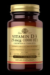 Solgar Vitamin D3 chewable tablets, 100 count, gluten-free, supports immune health and mood, strawberry-banana flavor.