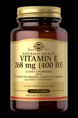 Solgar Vitamin E 400 IU 268 mg supplement bottle, 100 softgels, gluten and dairy free.