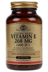 Solgar Vitamin E 400 IU 268 mg, 100 softgels, antioxidant support for skin and heart health.