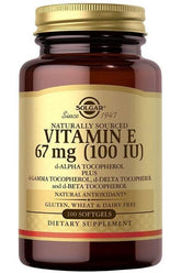 Solgar Vitamin E 67 mg bottle, naturally sourced antioxidant for skin and heart health.