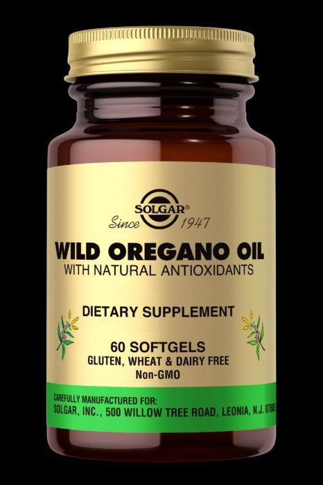 Solgar Wild Oregano Oil supplement bottle with 60 softgels, highlighting natural antioxidants and non-GMO ingredients.