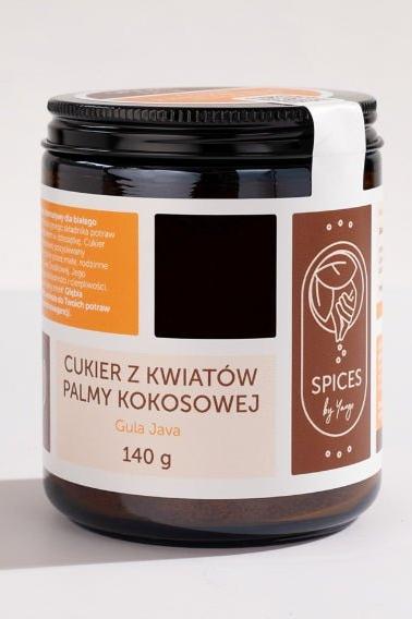Spices By Yango coconut palm flower sugar jar, 140 g, highlighting sweet toffee and vanilla flavors for cooking and baking.