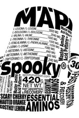 Spooky MAP amino acid formula label showcasing ingredients and benefits for muscle growth and recovery.