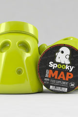 Spooky MAP food supplement container, unique green design with logo and details, ideal for strength and muscle growth.