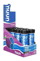 Nuun Sport Hydration in Wild Berry flavor, featuring a display of electrolyte tablets for hydration and energy.