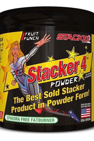 Stacker 4 Powder container with superhero design, promoting weight loss and energy boost in fruit punch flavor.