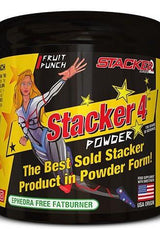 Stacker 4 Powder container with superhero design, promoting weight loss and energy boost in fruit punch flavor.