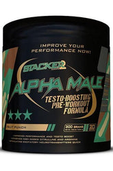 Stacker2 Alpha Male pre-workout supplement for improved performance, testosterone boost, and energy in fruit punch flavor.