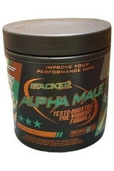 Stacker2 Alpha Male supplement container for enhanced performance and testosterone boost, tropical fruit flavor.