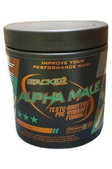 Stacker2 Alpha Male testosterone-boosting pre-workout supplement jar for enhanced performance and energy.