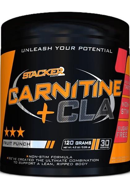 Stacker2 Carnitine + CLA supplement container, fruit punch flavor, 120 grams for fat burning and energy support.