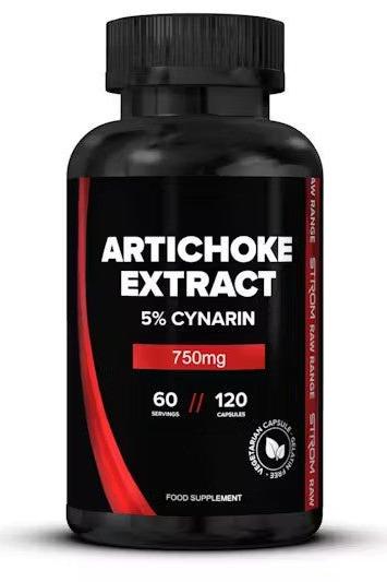 Strom Sports Artichoke Extract supplement bottle with 5% cynarin and 750mg, supports digestion and liver health.