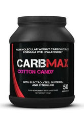 CarbMax Cotton Candy supplement jar with electrolytes and citrulline for athletic performance.