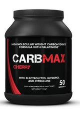 CarbMax cherry supplement container featuring high molecular weight carbohydrates, electrolytes, glycerol, and citrulline.