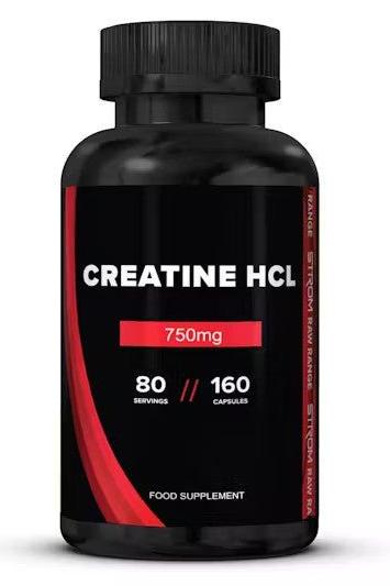 Strom Sports Creatine HCL supplement bottle with 750mg per capsule and 80 servings.