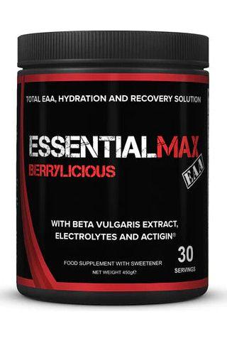 EssentialMAX Berrylicious amino acid supplement for muscle recovery and hydration with beta vulgaris and electrolytes.