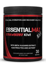EssentialMAX Strawberry Kiwi - EAA supplement for muscle recovery, hydration, and electrolytes in a 450g container.