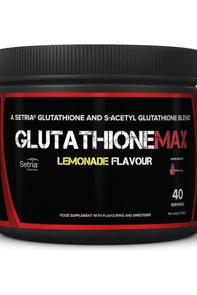 GlutathioneMax supplement jar, lemonade flavor, featuring key ingredients for antioxidant support.