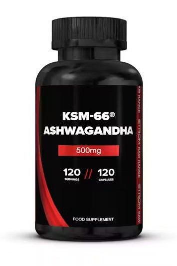 Strom Sports KSM-66 Ashwagandha supplement bottle, 500mg, 120 capsules, supports stress relief and immunity.