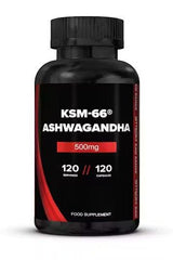 Strom Sports KSM-66 Ashwagandha supplement bottle, 500mg, 120 capsules, supports stress relief and immunity.
