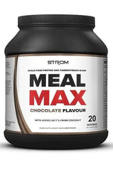 Strom MealMax protein supplement in chocolate flavor, high protein, flexible serving size.