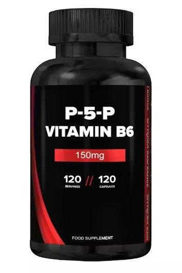 Strom Sports P-5-P Vitamin B6 supplement bottle with 150mg, 120 capsules for energy and immune support.