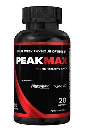 PeakMAX bodybuilding supplement bottle featuring 30 caps for peak week physique optimization.