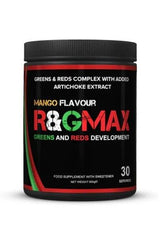 Strom Sports R&G MAX Mango flavour, greens and reds supplement in a container, 30 servings, rich in nutrients.
