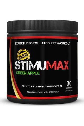 StimuMAX Green Apple pre-workout supplement in a black container for energy and focus during intense workouts.