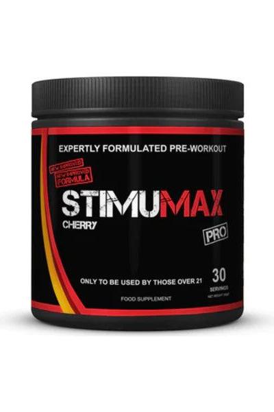 StimuMax Pro Cherry pre-workout supplement in a black jar with vibrant label and 30 servings.